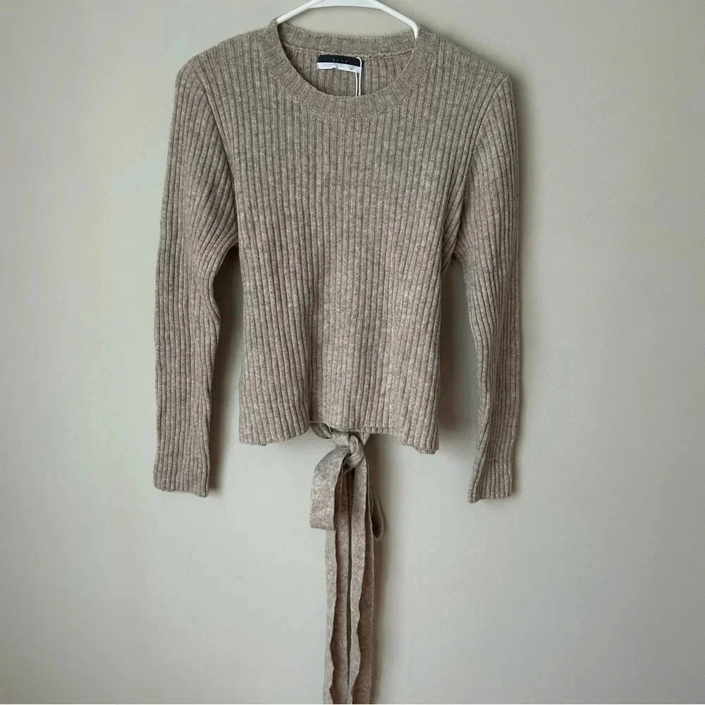 NWT Rowe Tan Ivory Beige Long Sleeve Back Tie Crewneck Sweater Wool Blend Medium